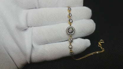 14K Real Solid Gold CZ Round Halo Link Chain Bracelet for Women