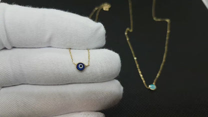 14K Real Solid Yellow Gold Evil Eye Necklace For Women , Navy Blue or Turquoise