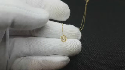 14K Real Solid Gold Cube Necklace Inside Moving Cubic Zirconia Stone for Women