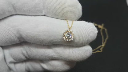 14K Real Solid Gold Halo Solitaire Necklace for Women