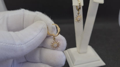 14K Real Solid Gold Dangle Drop Hoop Sun Earrings for Women