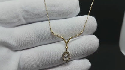 14K Real Solid Gold CZ Teardrop Necklace for Women