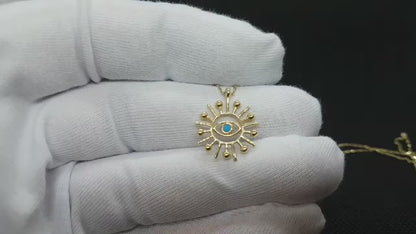 14K Real Solid Gold Turquoise Evil Eye Sun Necklace for Women