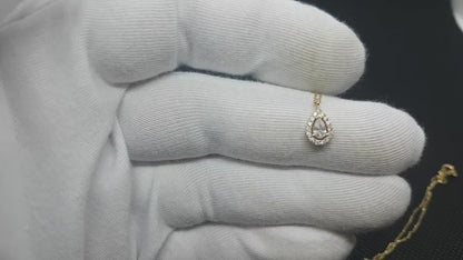 14K Real Solid Gold CZ Halo Teardrop Necklace for Women