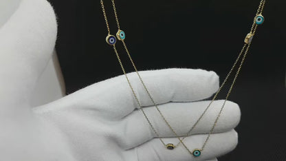 14K Real Solid Gold Trio Evil Eye Necklace For Women