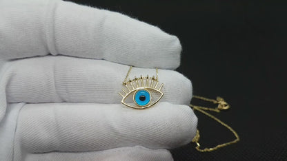 14K Real Solid Gold Eyelash Evil Eye Necklace for Women