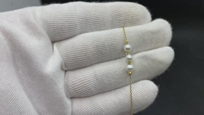 14K Real Solid Gold Beaded Italian Balls and Three Pearl Bracelet for Women