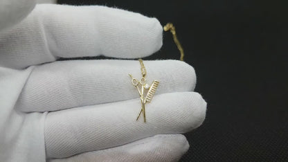 14K Real Solid Gold Scissors Comb Necklace for Women
