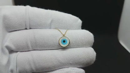 14K Real Solid Yellow Gold Evil Eye Mother of Pearl Necklace For Women