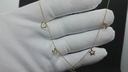 14K Real Solid Gold Good Luck Lucky Multi Charm Necklace for Women