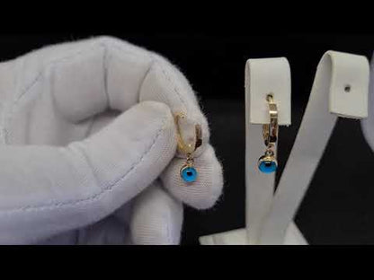 14K Real Solid Gold Dangle Drop Hoop Turkish Evil Eye Earrings for Women