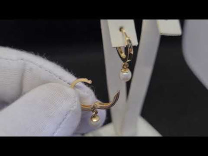 14K Real Solid Gold Dangle Drop Hoop Pearl Earrings for Women