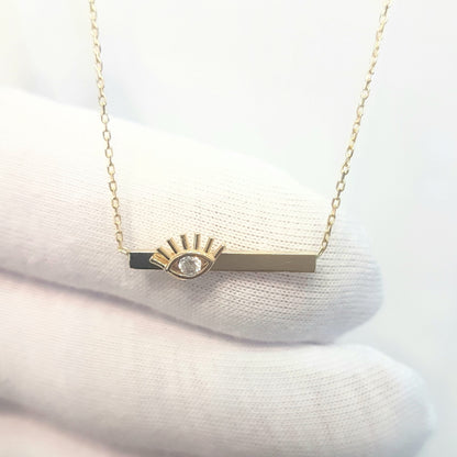14K Gold Evil Eye Dainty Charm Pendant Necklace Design Eyelash on Bar with Zirconia Stone for Women Lucky Jewelry Hamsa Nazar Turkish Protection