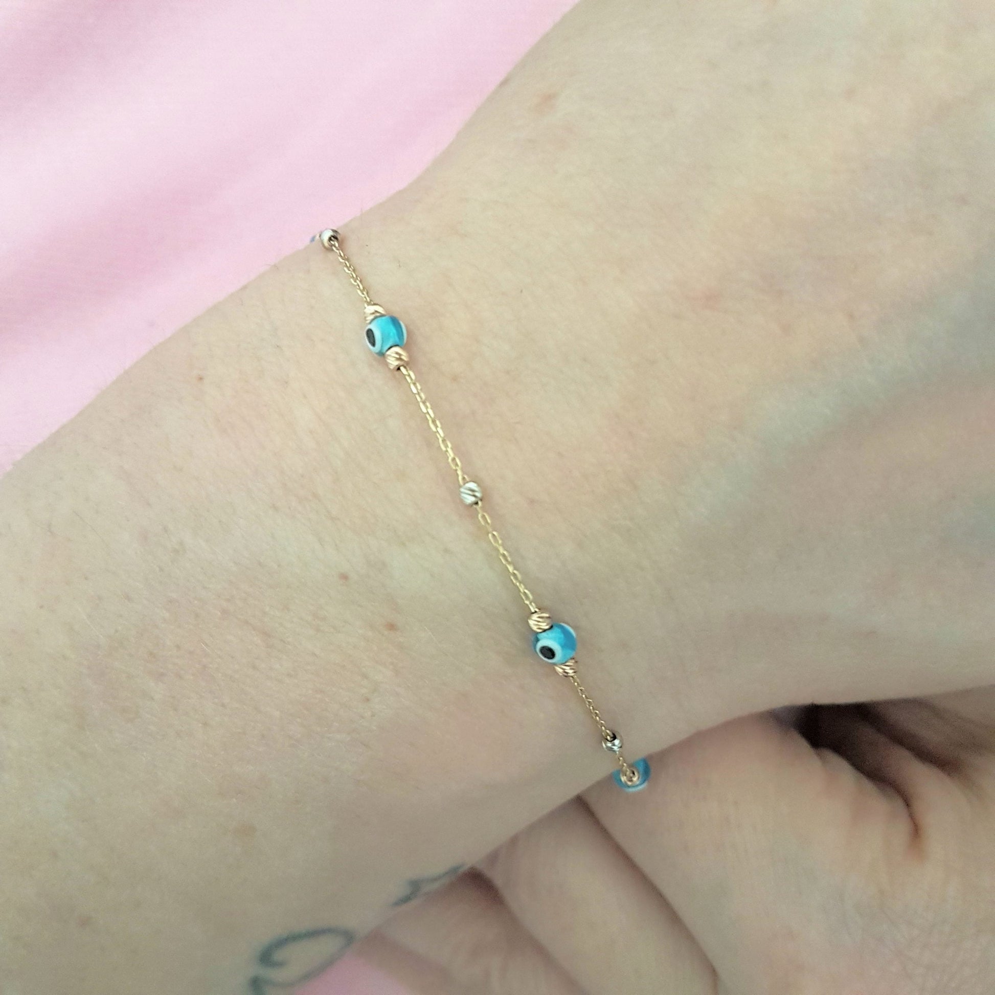 14K Real Solid Gold Lucky Blue Evil Eye and Italian Balls Design Tiny Cute Dainty Delicate Elegant Trendy Bracelet best gift for Women Jewelry yourself, birthday Nazar