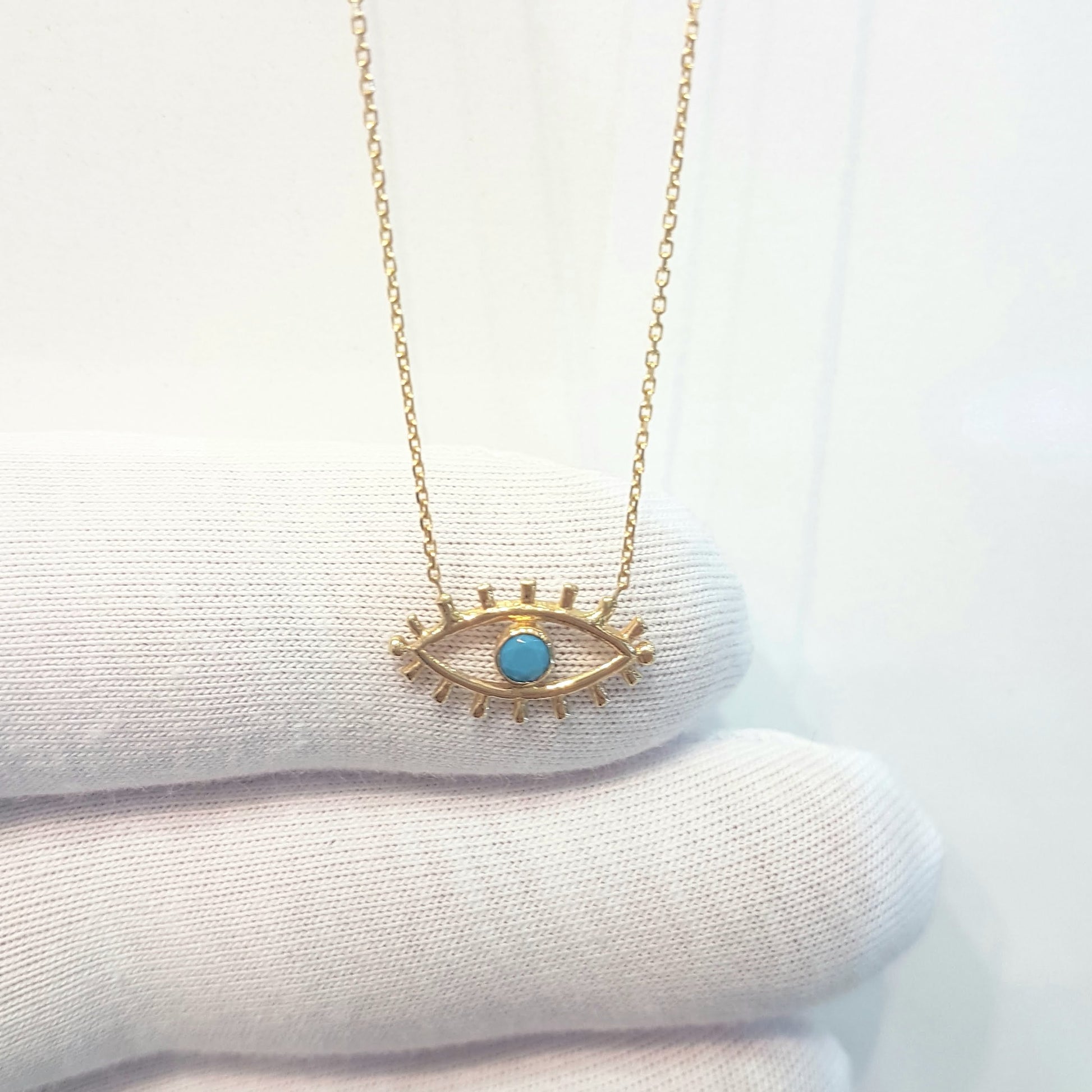 14K Real Solid Yellow Gold Turquoise Evil Eye Pendant Necklace Charm Elegant Dainty Birthday Valentine Christmas Gifts For Women Handmade Jewelry