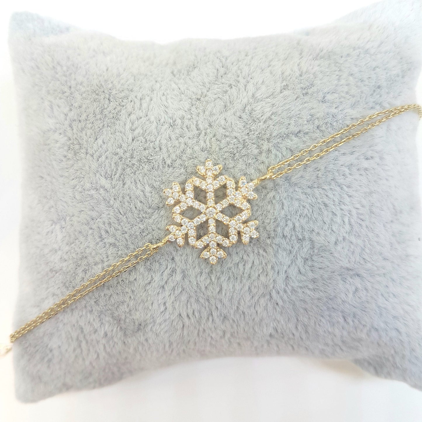 14K Real Solid Gold Snowflake Design with White Zirconia Stones Cute Elegant Dainty Charm Delicate Trendy Bracelet Best Birthday Gift for Women Jewelry