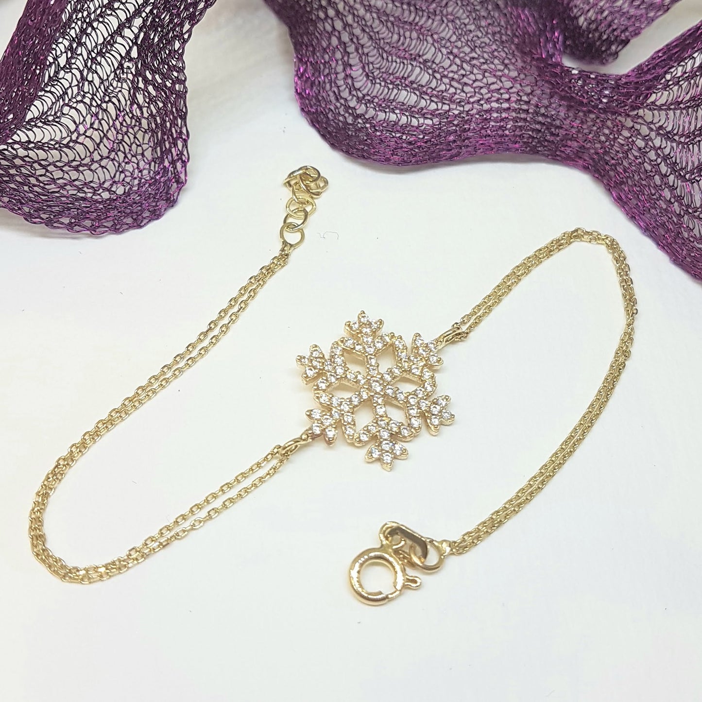 14K Real Solid Gold Snowflake Design with White Zirconia Stones Cute Elegant Dainty Charm Delicate Trendy Bracelet Best Birthday Gift for Women Jewelry