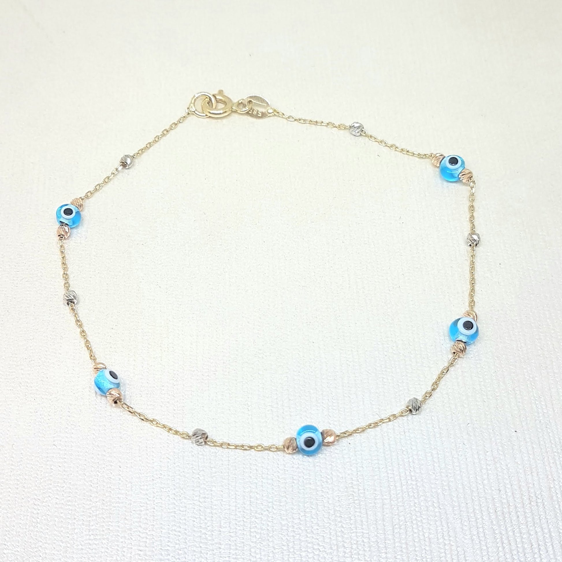 14K Real Solid Gold Lucky Blue Evil Eye and Italian Balls Design Tiny Cute Dainty Delicate Elegant Trendy Bracelet best gift for Women Jewelry yourself, birthday Nazar