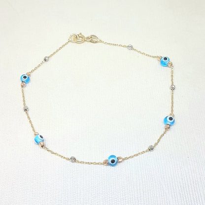 14K Real Solid Gold Lucky Blue Evil Eye and Italian Balls Design Tiny Cute Dainty Delicate Elegant Trendy Bracelet best gift for Women Jewelry yourself, birthday Nazar