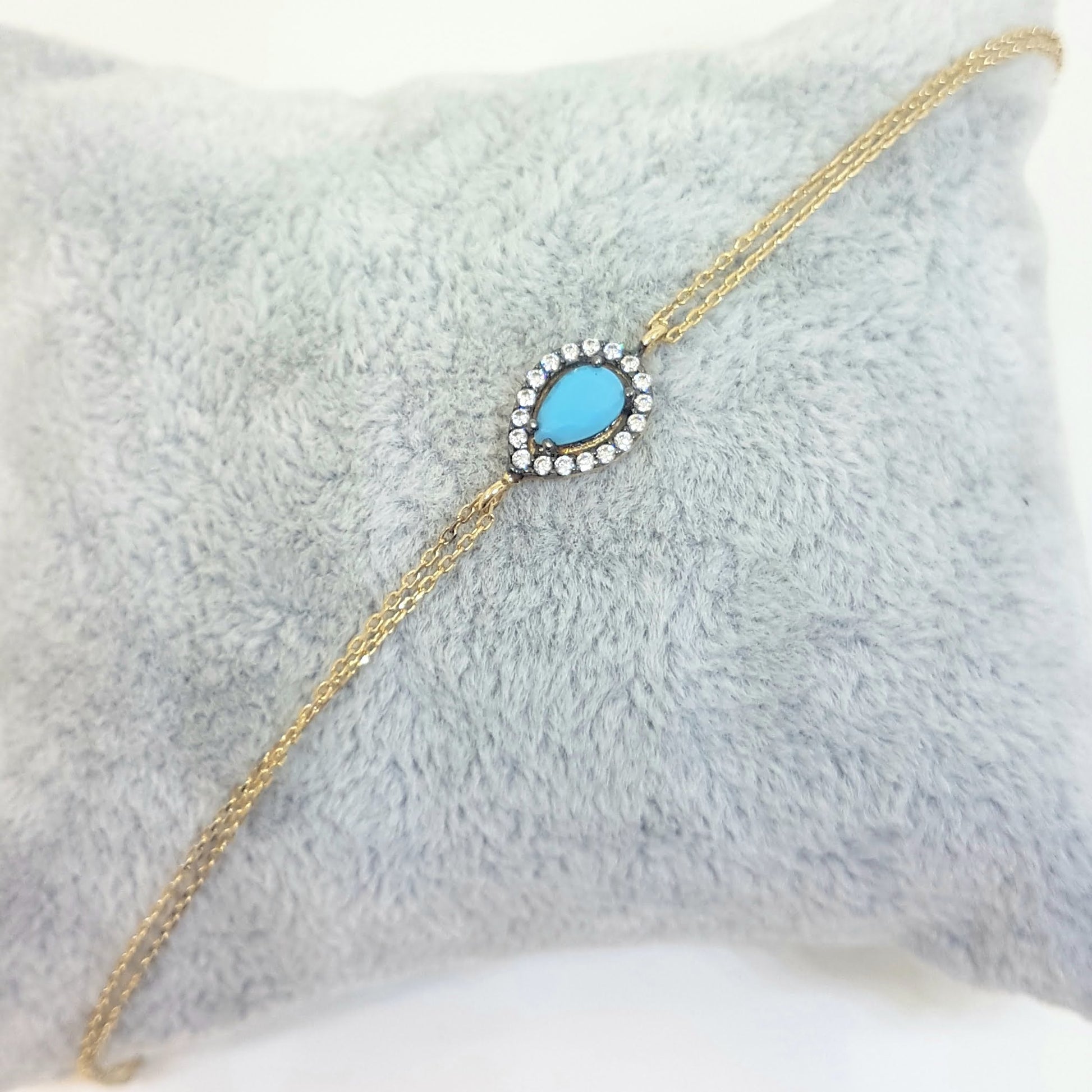 14K Real Solid Gold Tear Drop Design with Turquoise and White Zirconia Stones Halo Elegant Dainty Delicate Charm Cute Trendy Bracelet