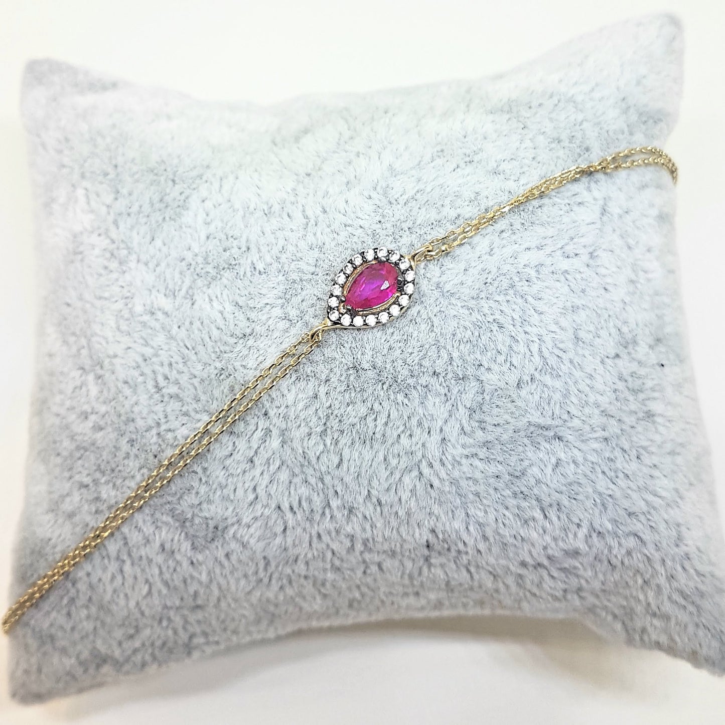 14K Real Solid Gold Tear Drop Design with RED and White Zirconia Stones Halo Elegant Dainty Delicate Charm Cute Trendy Bracelet best birthday gift for women Jewelry Mother Girl Grandma