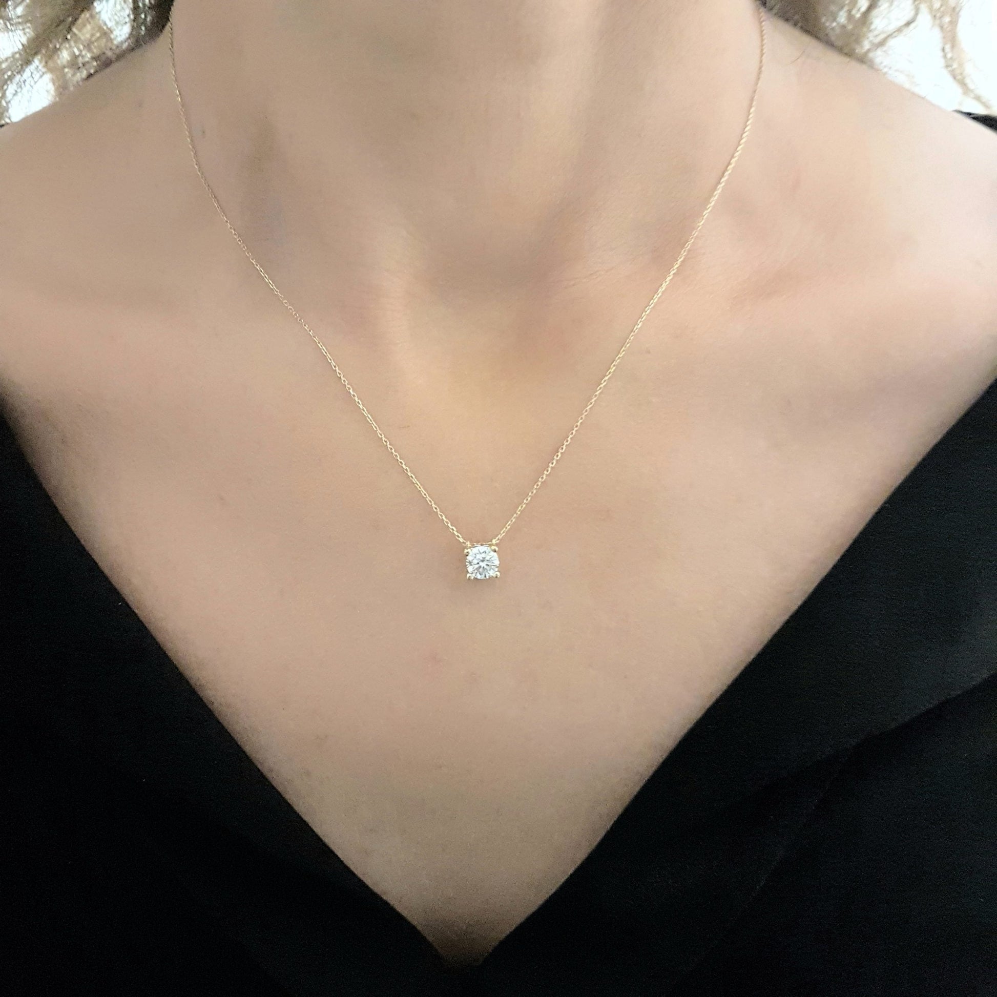 Solitaire Pendant Necklace 14K Real Solid Yellow Gold with Cubic Zirconia Round Cut Charm Dainty Handmade for Women Jewelry