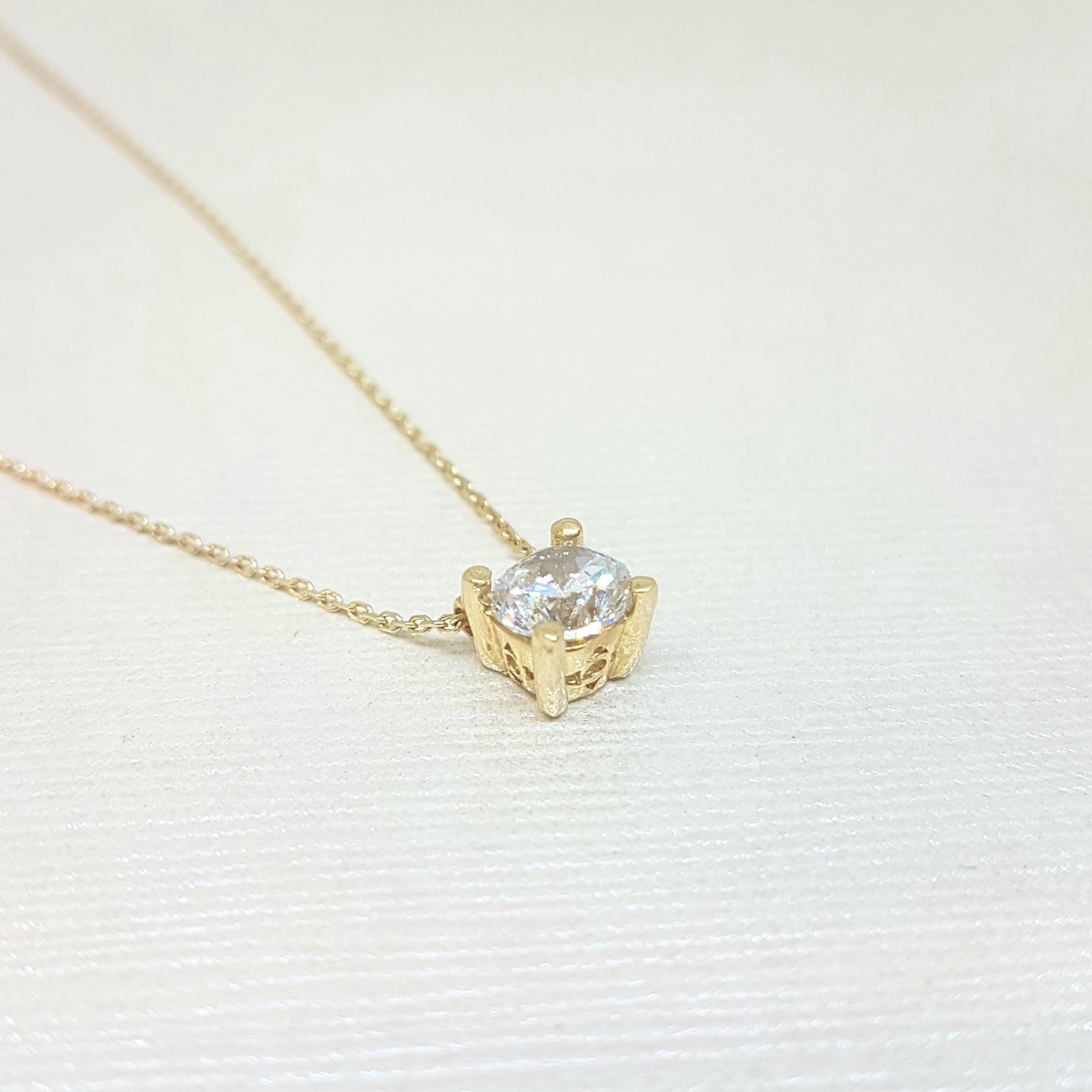 Solitaire Pendant Necklace 14K Real Solid Yellow Gold with Cubic Zirconia Round Cut Charm Dainty Handmade for Women Jewelry