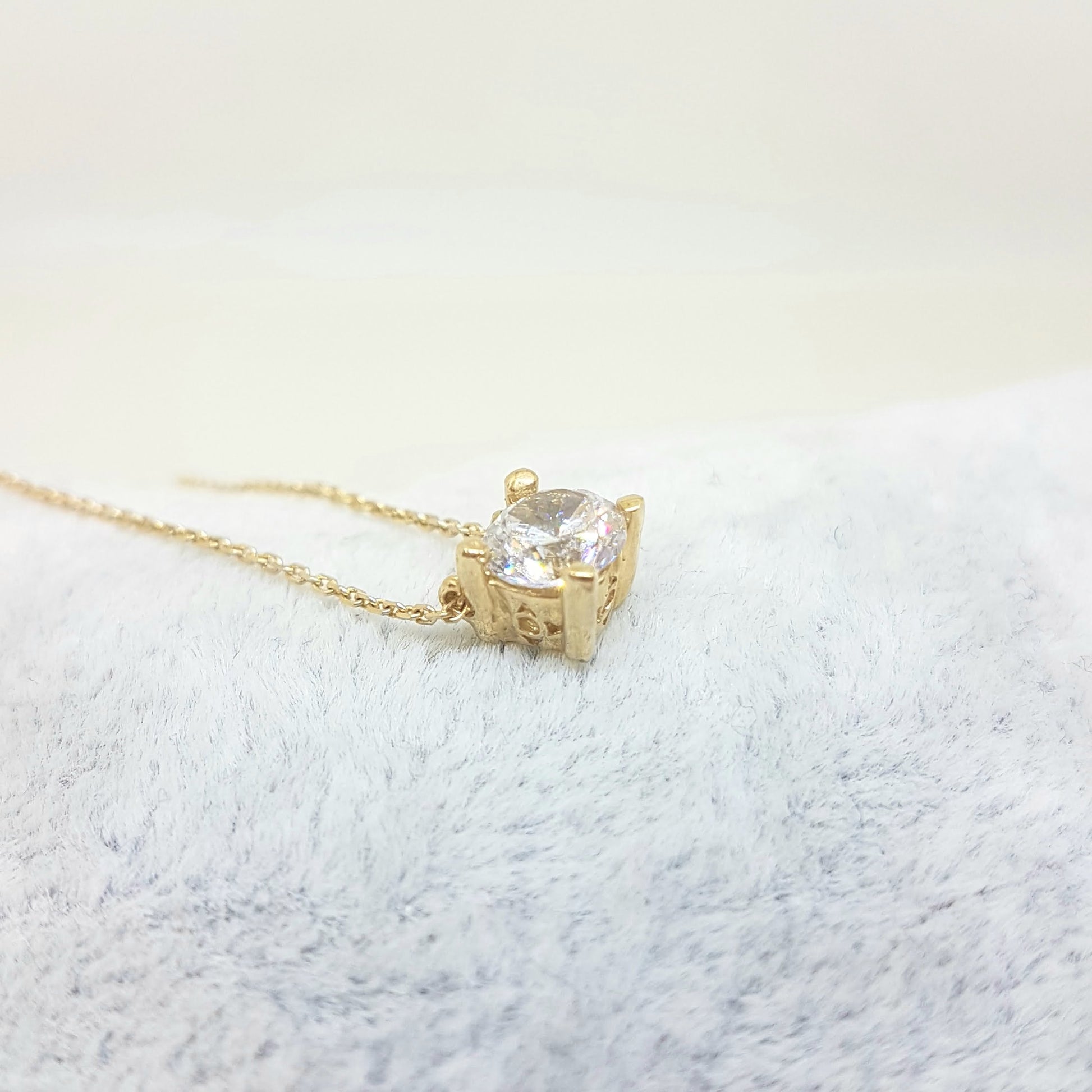 Solitaire Pendant Necklace 14K Real Solid Yellow Gold with Cubic Zirconia Round Cut Charm Dainty Handmade for Women Jewelry