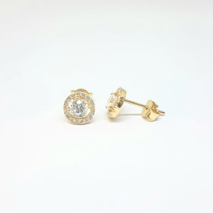 Solitaire Round with Halo Stud Earrings for Women 14K Real Solid Gold Cubic Zirconia Stones