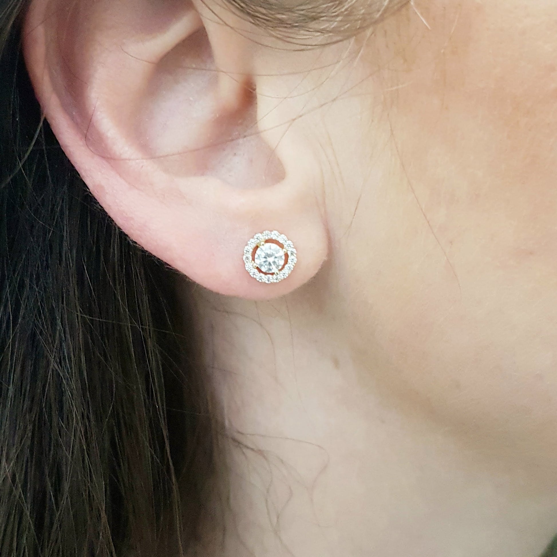 Solitaire Halo Stud Earrings for Women 14K Real Solid Gold Cubic Zirconia Stones