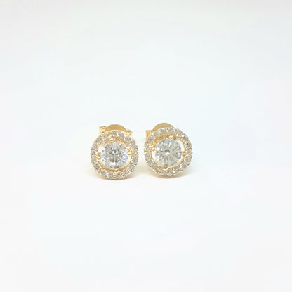 Solitaire Round with Halo Stud Earrings for Women 14K Real Solid Gold Cubic Zirconia Stones