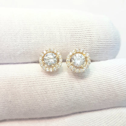 Solitaire Round with Halo Stud Earrings for Women 14K Real Solid Gold Cubic Zirconia Stones