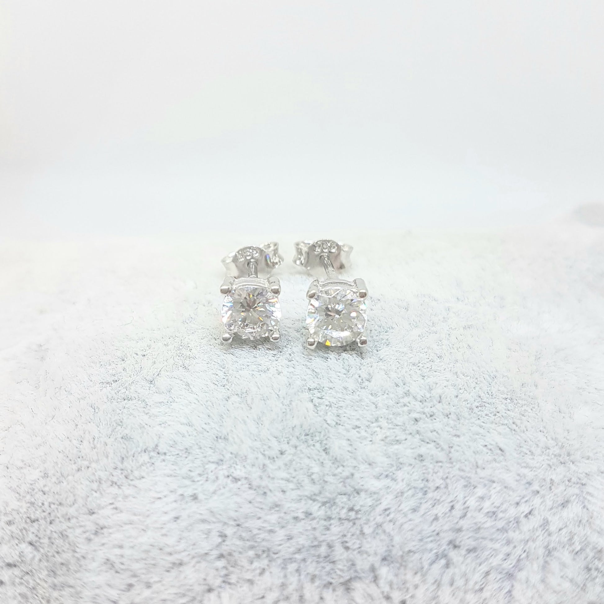 Solitaire Stud Earrings 14K Real Solid White Gold with Cubic Zirconia Round Cut Charm Dainty Handmade for Women Jewelry