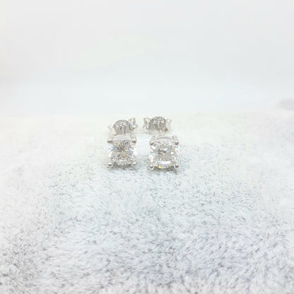 Solitaire Stud Earrings 14K Real Solid White Gold with Cubic Zirconia Round Cut Charm Dainty Handmade for Women Jewelry