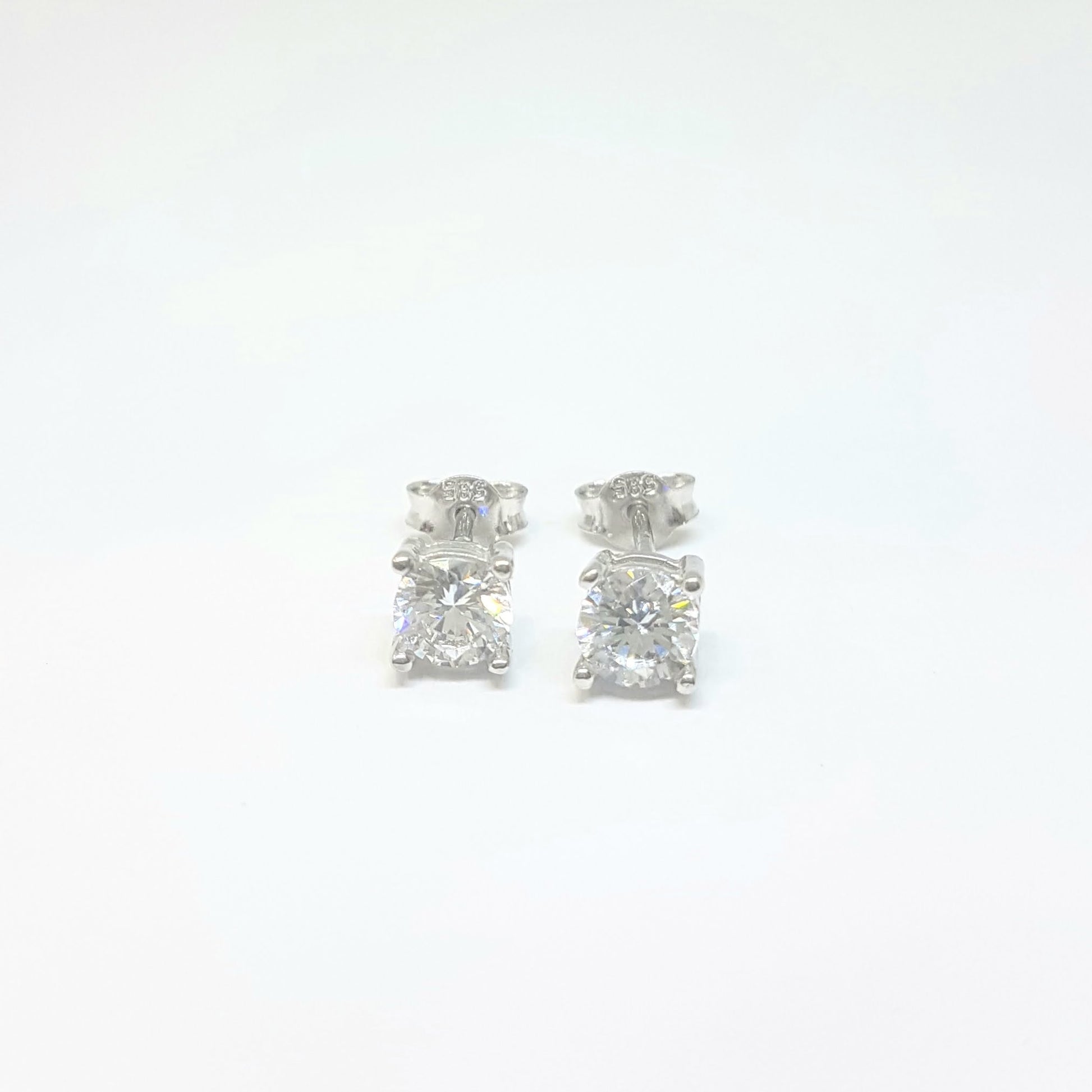 Solitaire Stud Earrings 14K Real Solid White Gold with Cubic Zirconia Round Cut Charm Dainty Handmade for Women Jewelry