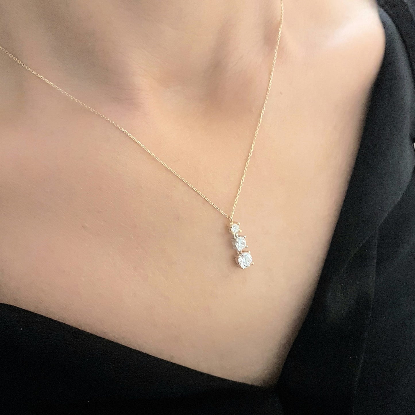 Solitaire Trio Layered Pendant Necklace with Cubic Zirconia Round Cut 14K Yellow White Rose Gold Charm Dainty Handmade for Women Jewelry