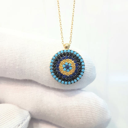 14K Real Gold Round Circle Evil Eye Design with Zirconia Stones Charm Dainty Elegant Delicate Trendy Pendant Necklace best birthday gift for women jewelry girlfriend mom sun sunflower turquoise