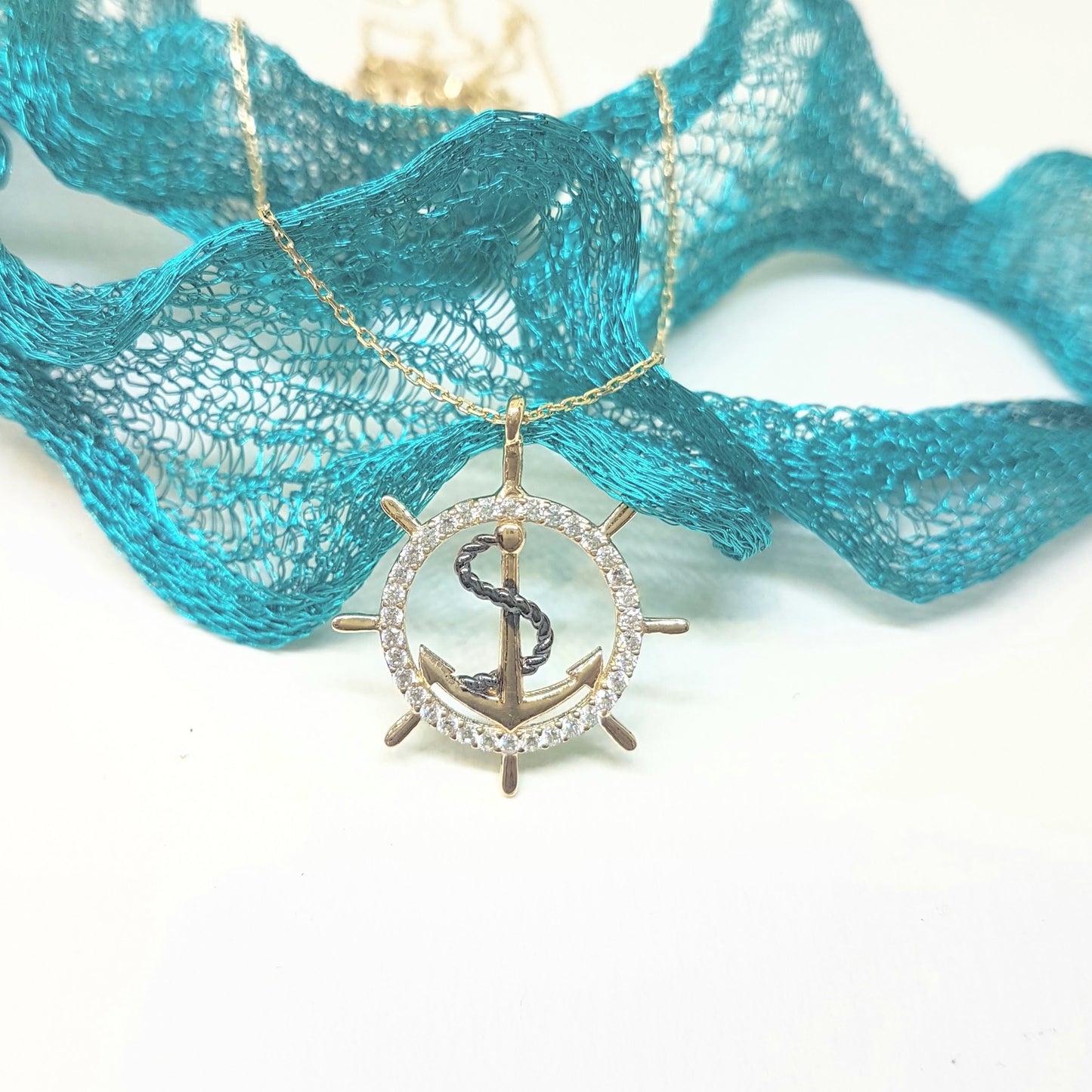 14K Gold Anchor Pendant Necklace for Women With Zirconia Stones Charm Jewelry Ship Wheel Nautical Rope Navy Sailor