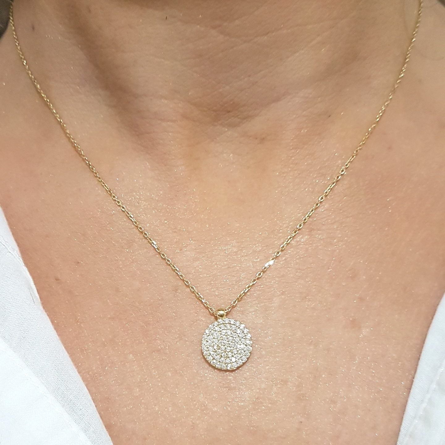 14K Real Solid Gold Round Circle Disc Design Decorated with Zirconia Stones Charm Dainty Delicate Elegant Trendy Pendant Necklace Best Birthday gift for Women Jewelry Girlfriend Mother Wife