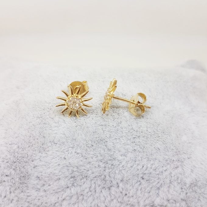 14K Gold Sun Stud Earrings Decorated with Zirconia Stones Tiny Dainty Delicate Charm Trendy The best way to say You are my sun shine for women jewelry girlfriend mom