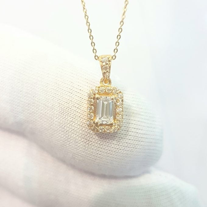 14K Real Gold Baguette Pendant Necklace with Halo Round Stones Cute Dainty Charm Delicate Trendy Best Birthday Gift for Women Jewelry Girlfriend Mother