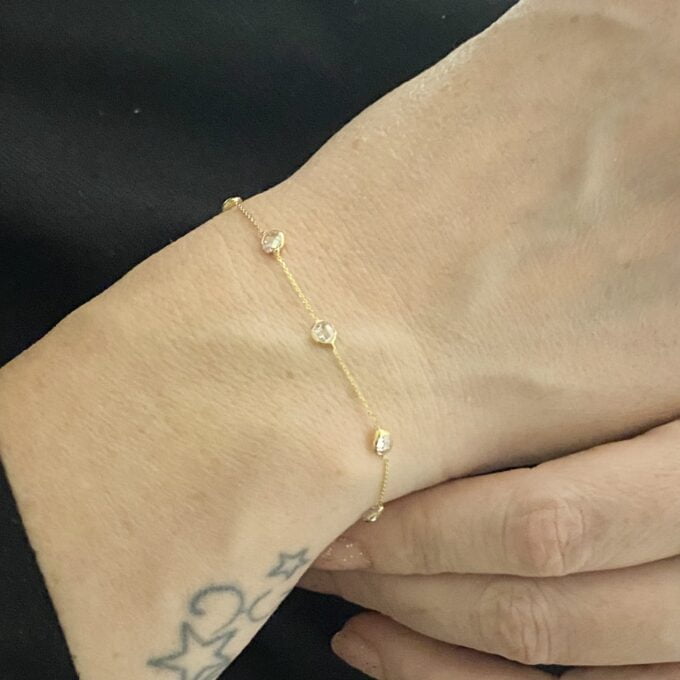 14K Real Solid Gold Bezel Stone Station Link Bracelet for Women , xmas gifts for mum, handmade jewelry, personalized birthstone bracelet
