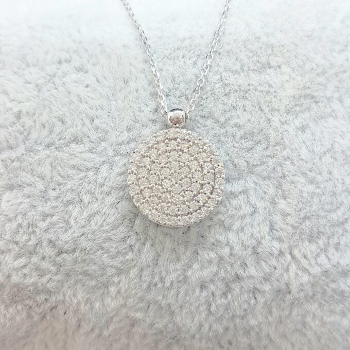 14K Solid Gold CZ Round Necklace for Women , CZ Pave Pendant , Disc Necklace Gold , Circle Necklace , Birthday gift for her , Casual Jewelry