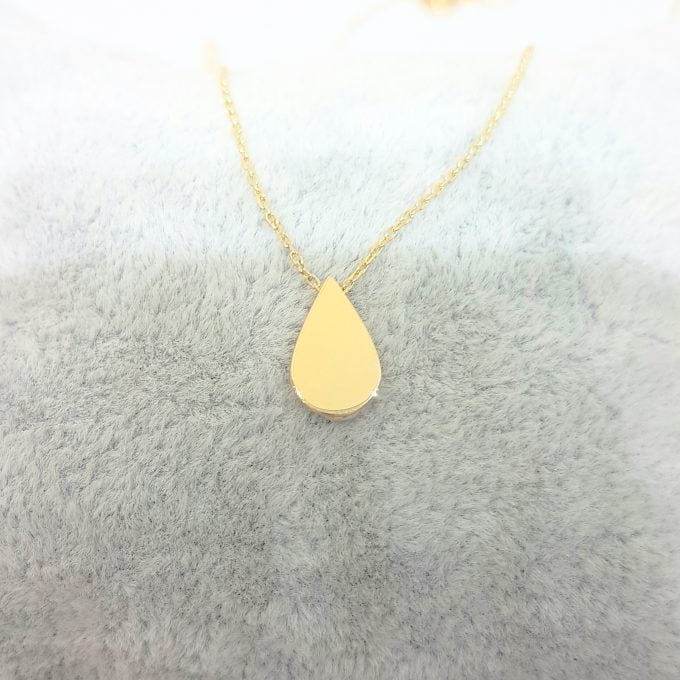 14K Real Solid Gold Tear Drop Shaped Charm Tiny Cute Dainty Delicate Trendy Pendant Necklace