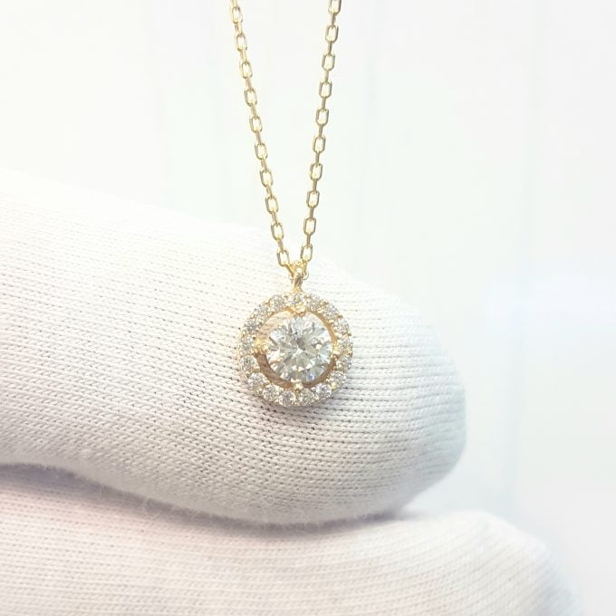 14K Real Solid Gold Round Circle with Halo Sun Shaped Decorated with Zirconia Stones Charm Cute Dainty Elegant Delicate Tiny Trendy Pendant Necklace Best Birthday Gift for Women Jewelry Girlfriend