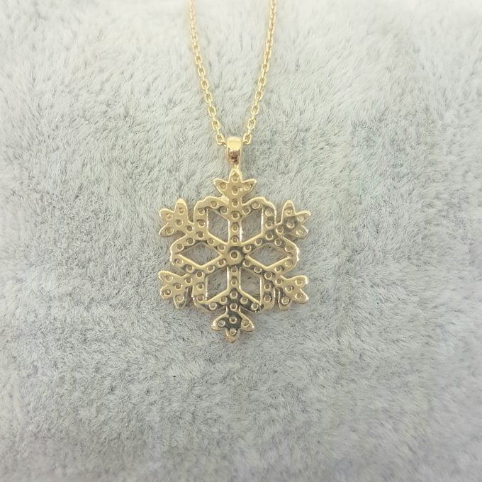 14K Real Solid Gold Snowflake Design with Zirconia Stones Cute Dainty Charm Elegant Delicate Trendy Pendant Necklace Best Birthday Gift for Women Jewelry Girlfriend Wife Mother