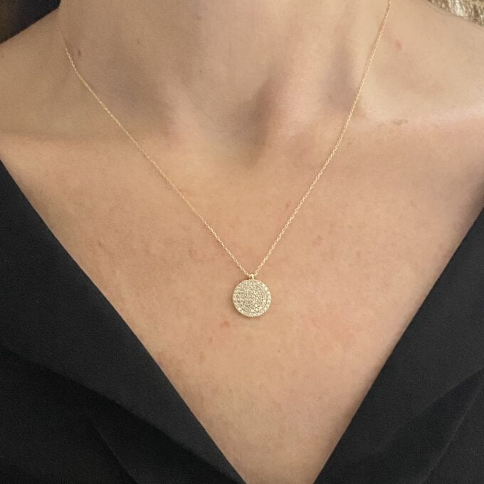 14K Solid Gold CZ Round Necklace for Women , CZ Pave Pendant , Disc Necklace Gold , Circle Necklace , Birthday gift for her ,Everday Jewelry