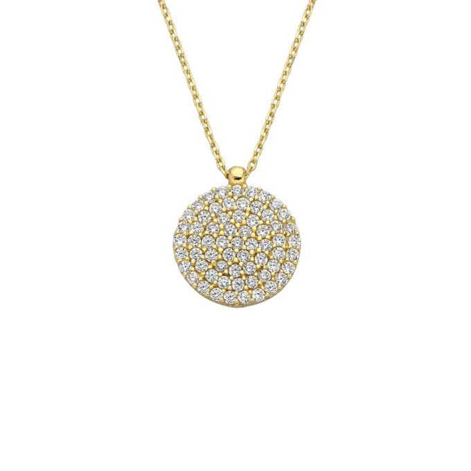 14K Solid Gold CZ Round Necklace for Women , CZ Pave Pendant , Disc Necklace Gold , Circle Necklace , Birthday gift for her,Casual Jewelry