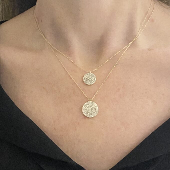 14K Solid Gold CZ Round Necklace for Women , CZ Pave Pendant , Disc Necklace Gold , Circle Necklace , Christmas gift for her , Casual Jewelry