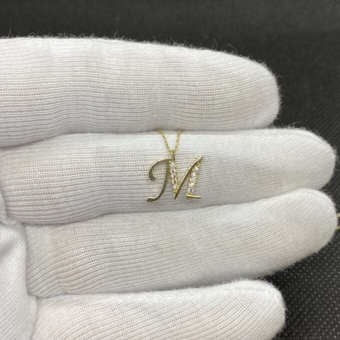 14K real solid gold cz custom letter initial pendant necklace for women